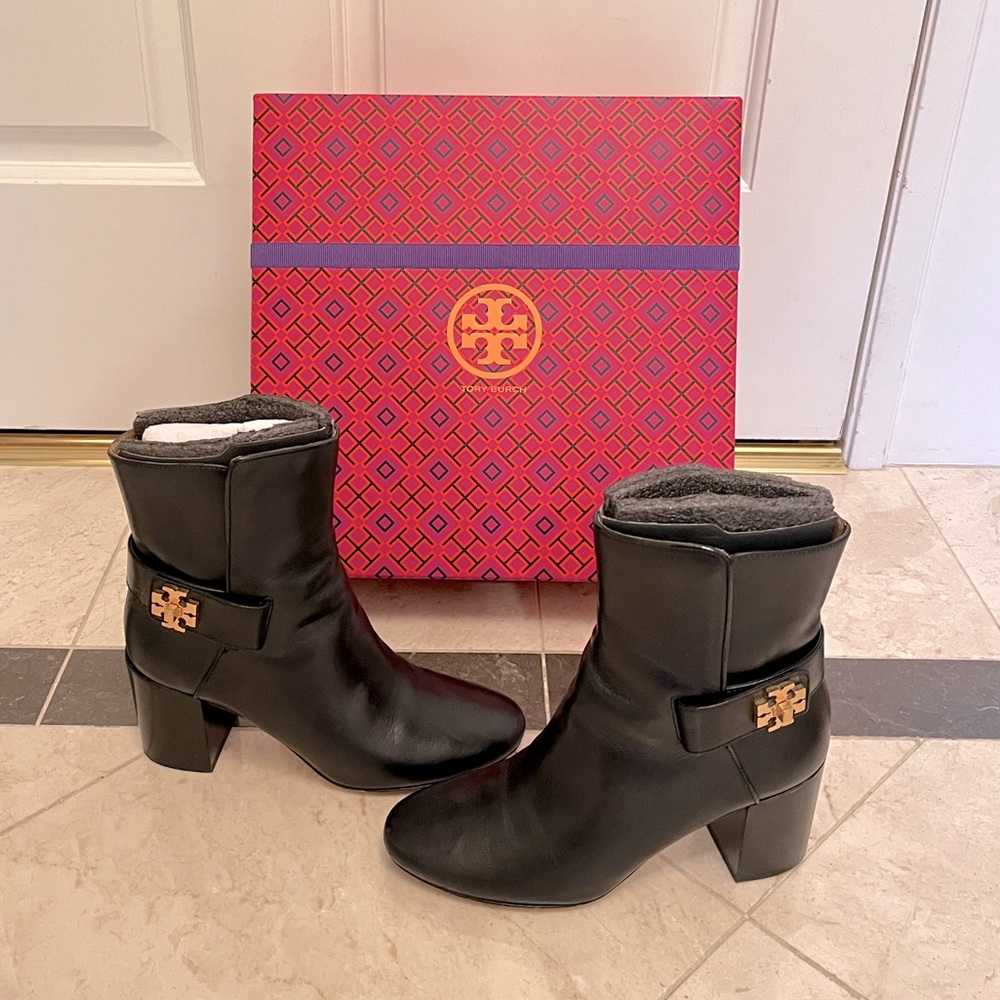 Tory Burch Kira Leather Ankle Boots, Black, Gold Hardware, Size 5.5